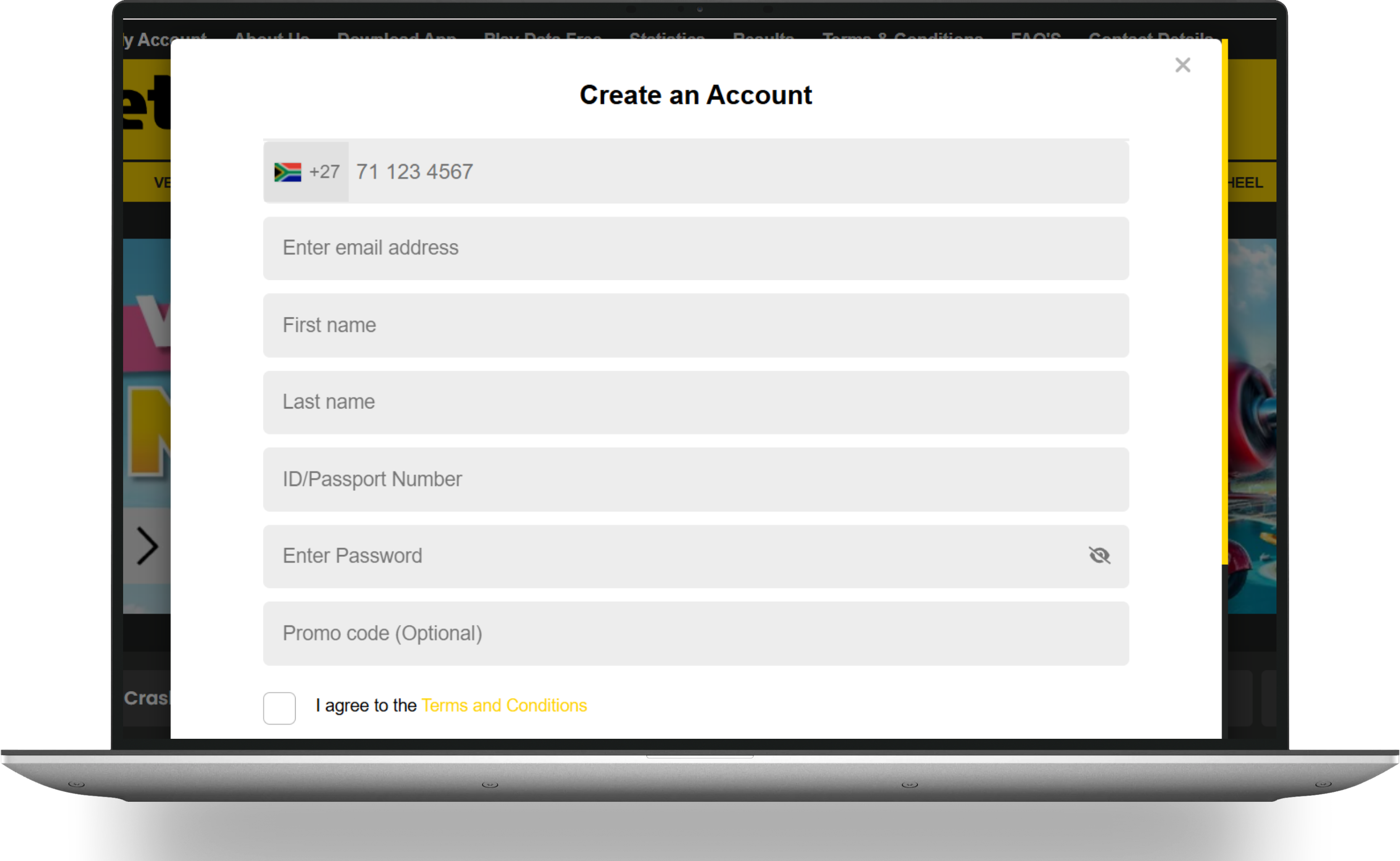 Registration window on the betting platform.