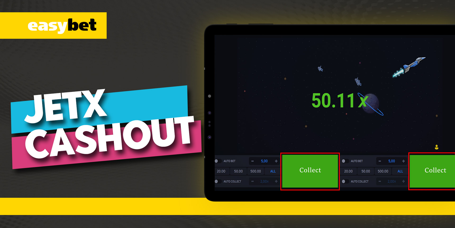 Easybet JetX Demo Mode screenshot with "TAKE" button