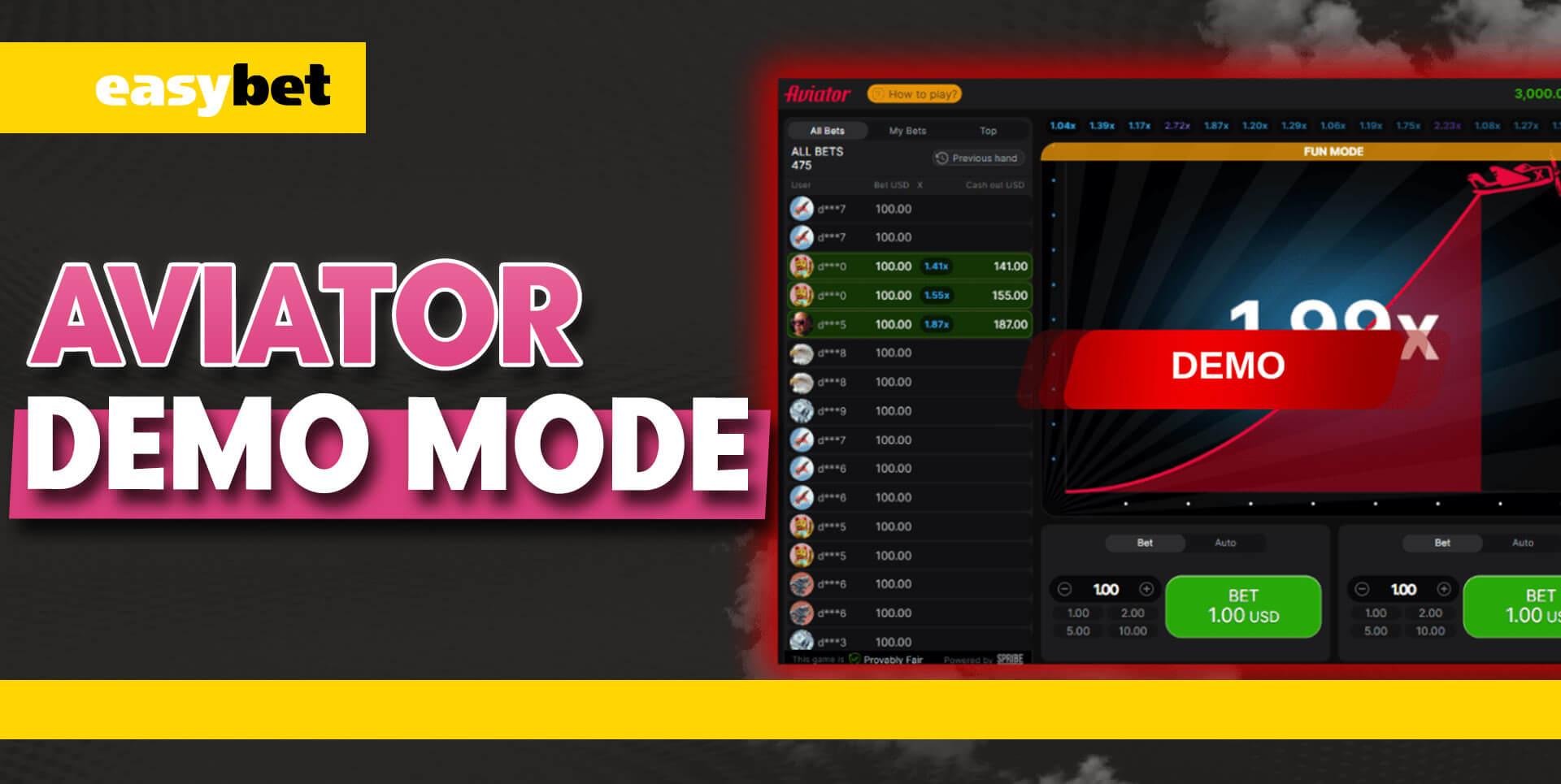 Demo version of Aviator game on Easybet platform