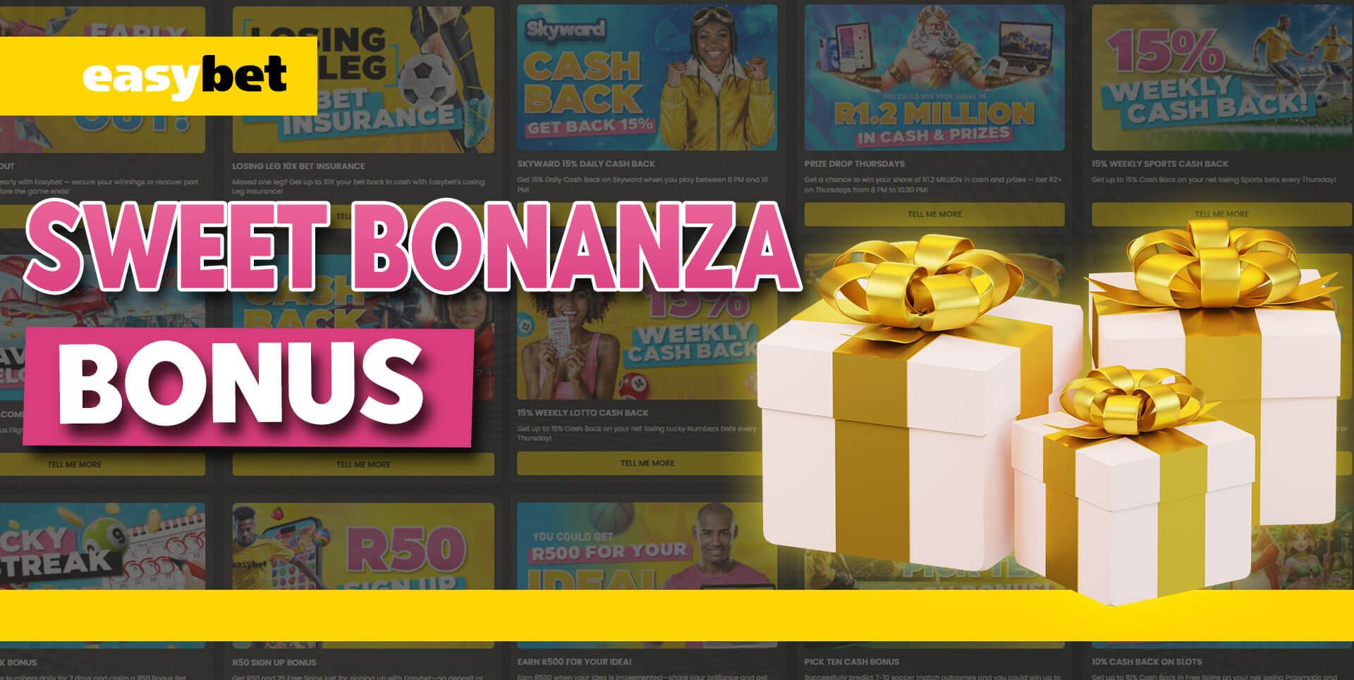 Easybet Sweet Bonanza bonuses including welcome, deposit, birthday, and weekly free spins